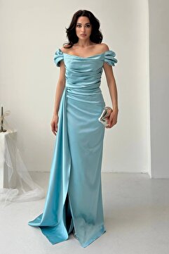 Feminist Drape Detaylı Saten Kumaş Abiye Elbise Turkuaz 9704858