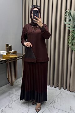mercan moda BETÜL TAKIM KAHVERENGİ Kristal Belis Pamuklu Kumaş Deri ve File Detaylı Etekli Takım