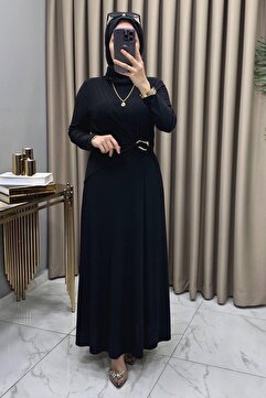 Alya Hadise Elbise Siyah Kadın Sandy Kumaş Bel Aksesuar Detaylı Rahat Kesim Elbise