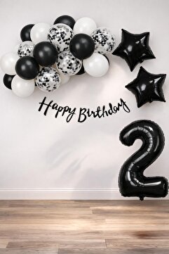 Patladı Gitti Siyah Konsept 2 Yaş Doğum Günü Kutlama Seti; Beyaz Siyah Konfetili Balon, Rakam Yıldız Folyo ve Bann