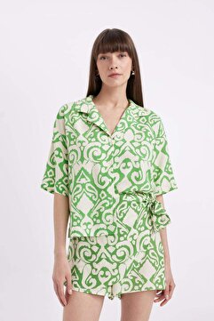 Defacto Regular Fit Desenli Pijama Yaka Kısa Kollu Gömlek C3389AX24SM