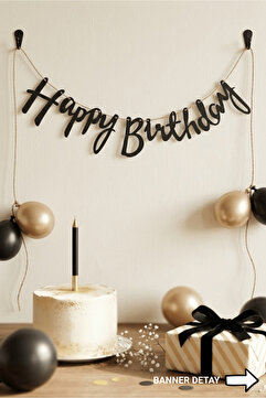 Bunloon Happy Birthday Yazı Banner Siyah Doğum Günü Süsleme 110 cm