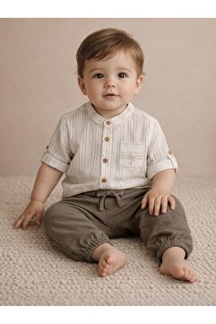Civil Baby Çizgili 6-18 Ay Gömlek - Ekru 9-12 Ay