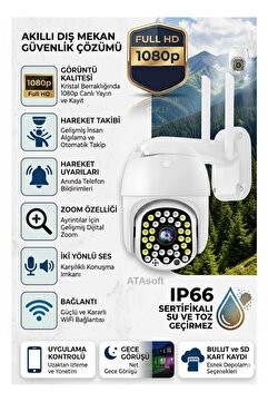 ATAsoft 360° Kablosuz Wifi Ip Kamera, 1080p Hd 2 Mp Gece Görüşlü Hareketli Dış Mekan Kamera