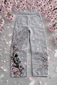 İlayda Toprak Night Blossom Sakura Çiçek Nakışlı Gri Wide Leg Bol Kalıp 3 İplik Unisex Eşofman Altı