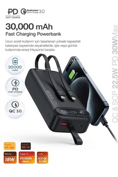 QAP 30.000 Mah Powerbank Gerçek Kapasiteli 22.5 Watt Süper Hızlı Dijital Göstergeli Kendinden Kablolu