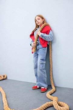 Defacto %100 Pamuk Wide Leg Kargo Geniş Bol Paça Jean Pantolon Kız Çocuk D7089A825SP