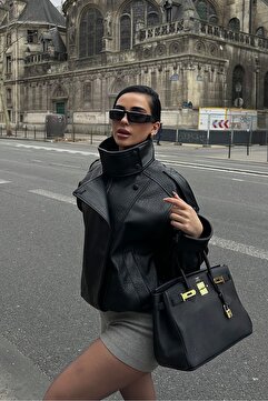 MEECY Kadın ZR Model Dik Yaka Fermuarlı Deri Ceket