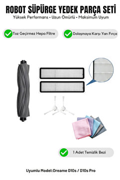 Asgard Grup Dreame D10s / D10s Pro Robot Vacuum Cleaner Uyumlu ANA FIRÇA 2 ADET FİLTRE VE 2 ADET BEYAZ 3 KOLLU