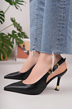 oless Kadın Siyah Deri Tokalı Sivri Şık Topuklu Stiletto Ayakkabı