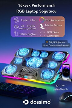 Dossimo Nitro RGB Işıklı 9 Fanlı LCD Göstergeli 2 Usb Girişli Yükselebilen Notebook Soğutucu S24