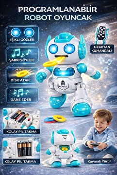 ZİVENTA Uzaktan Kumandalı Dans Eden Dansçı Akıllı Robot Işıklı Müzikli Disk Atan Programlanabilir Oyuncak