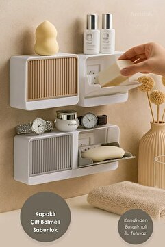 Kitchen Beauty Yapışkanlı Çift Bölmeli Sabunluk Kapaklı Kendinden Boşaltmalı Su Tutmaz Katı Sabunluk Sabun Kutusu