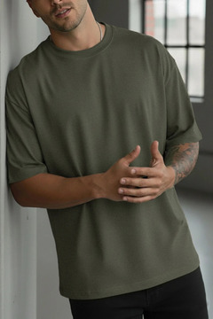 Teenage Millionaire 1 Adet Erkek Haki Yeşili Bisiklet Yaka Düz Basic Baskısız Oversize Salas Loose Fit T-shirt