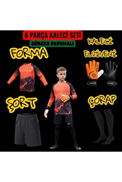 GK DEGAJ Dragon Desenli Çocuk Kaleci Eldiveni Sünger Destekli Çocuk Kaleci Forma Şort Çorap Takımı