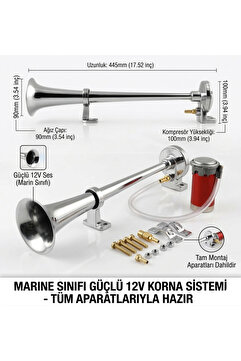Duolight 12V Marin Korna Seti - Paslanmaz Krom Havalı - Tekne Kamyon Traktör İçin Yüksek Sesli Kompresörlü