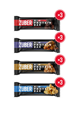 Züber Hi Protein Deneme Paketi 45g x 12 Adet (Kakaolu, Badem Ezmeli, Yer Fıstığı Ezmeli, Fındık Ezmeli)