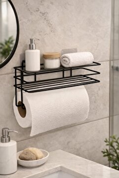 BUSEMSİ HOME Yapışkanlı Raflı Kağıt Rulo Havluluk Peçetelik Havlu Kağıtlık Siyah Banyo Mutfak Düzenleyici Raf