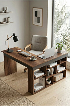 Robin Home Boston Kitaplık Raflı Çalışma Masası L Masa Ofis Çalışma Masası Barok-antrasit
