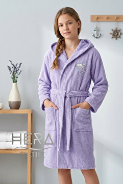 Hera Çocuk Bornozu Pamuklu Kapüşonlu Lila 13-18 Yaş Unisex-Kız-Erkek Kemerli Yunus Nakış Genç Bornoz
