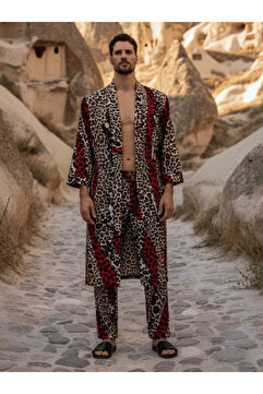 QMEN STYLE Erkek Kimono Takımı Leopar Desen – 3’lü Viskon Set (Bornoz + Pantolon + Şort)