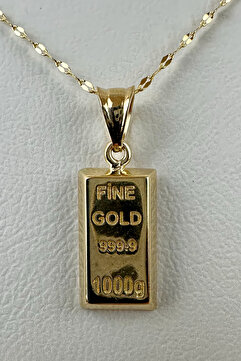 K KRAFTIVA JEWELRY 14 Ayar Altın Aynalı Zincir Mini Külçe Kolye