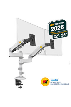 Ergoflex North Bayou Nb H180 17"-27" Çift Kol Amortisörlü Monitör Kolu 2-9 Kg Monitör Standı Beyaz