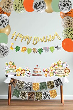 PEKSHOP Safari Doğum Günü Lüks Parti Seti Balon Zinciri Flama Masa Üstü Ayaklı Panolar Seti Maxi 84 Parça