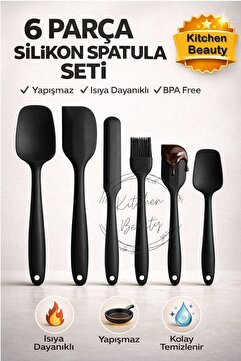 Kitchen Beauty 6lı Takım Yanmaz Yapışmaz Mutfak Pasta Slikon Yumurta Fırçası Kaşık Bıçak Spatula Seti