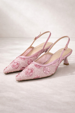 Best Cover ROSABELLA Kadın Pembe Pul Boncuk İşlemeli Tül Detaylı İnce Topuklu Slingback Abiye Ayakkabı