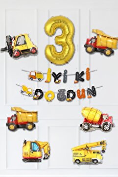 PEKSHOP İnşaat Temalı Doğum Günü Parti Seti Yaş Balonlu Bannerlı Doğum Günü Süsleme Seti