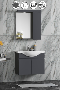 ÖZCEDEN Yıldız 55 cm Antrasit Gri Mat MDF Seramik Lavabolu Asma Banyo Dolabı Takımı