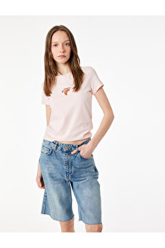 Koton Slim Fit Kısa Kollu Bisiklet Yaka Kruvasan Nakışlı Pamuklu Tişört