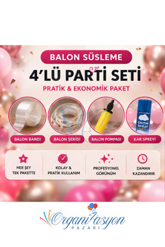 Organizasyon Pazarı Balon Süsleme Parti Seti 4’lü Yardımcı Organizasyon Paketi | Balon Bandı Şeridi | Pompa | Kar Spreyi