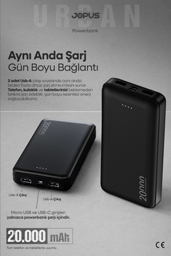 Jopus 20000mAh Powerbank - Led Işık Göstergeli - Taşınabilir Şarj Cihazı - Siyah JP-P10A
