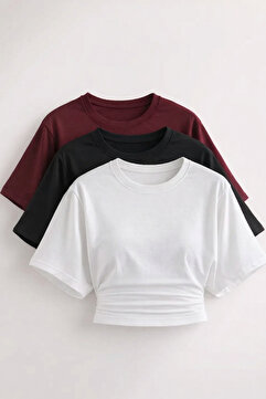 COMBİNE MİCHAİL Kadın Yarasa Kollu Basic Dar 3 Lü Crop Bluz