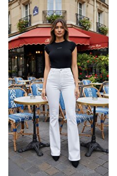 geenz manifacture Kadın BeyazLikralı Esnek Likralı Yüksek Bel Ispanyol Jeans Pantolon