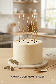 FESTİLO 6 Lı Kıvrımlı Mum Gold Pasta Süsü Spiral Mum Pasta Mumları 16 Cm