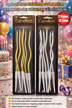 Orca Süs Kıvrımlı Gold & Gümüş Pasta Mumu 2 Paket (Toplam 12 Adet) – 15 cm Şık Doğum Günü Mumları, Spiral Mum