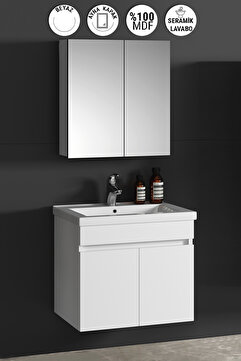 ÖZCEDEN Çiğdem 55 cm Beyaz MDF Seramik Lavabolu Asma Banyo Dolabı Takımı