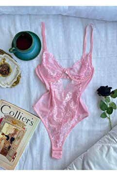 İNKO İÇ GİYİM Sevgililer Günü Hediyesi Pembe Dantelli Balenli Transparan Altı Çıtçıtlı Bodysuit