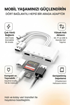 MATECHNO 5 in 1 Lightning  Usb-A  Type-C Çıkışlı Çoklu OTG Çevirici Adaptör SD TF Kart Okuyucu USB Hub