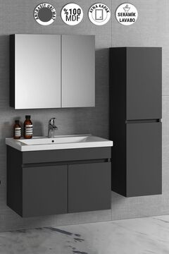 ÖZCEDEN Çiğdem 80+35 cm Antrasit Gri Mat MDF Seramik Lavabolu Sepetli Asma Banyo Dolabı Takımı
