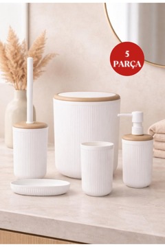 Okyanus Home Linea Due Kırık Beyaz Çizgili Yuvarlak 5'li Banyo Seti