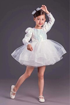 Mnk Baby&Kids Tütü Gren Etekli Kız Çocuk Pul Payetli Uzun Kol Kikidi Elbise MNK0583 BEYAZ