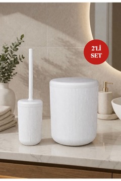 Okyanus Home Linea Kırık Beyaz Çizgili Yuvarlak 2'li Wc Kova ve Fırça Seti