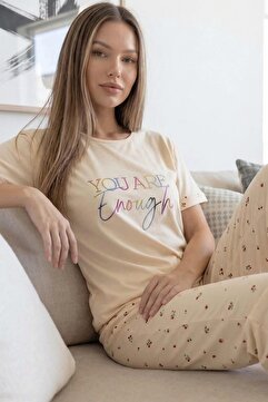 Pijamaevi Bej Enough Desenli Bambu Kısa Kol Kadın Pijama Takımı