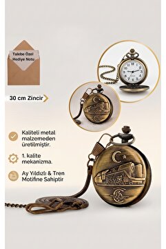 Wolawood Ay Yıldız & Tren Lokomotif Motifli Köstekli Cep Saati Nostaljik Antika Tarz Zincirli Hediyelik Saat