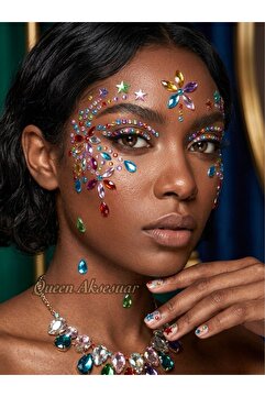 QUEEN AKSESUAR Yüz ve Tırnak taşı Sticker Seti Renkli Kristal Yüz Süsü Festival Makyaj Taşlı çiçekli Nail Art