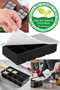 Eysigo Kapaklı Premium Büyük 8 Bölmeli Silikon Buz Kalıbı, Siyah